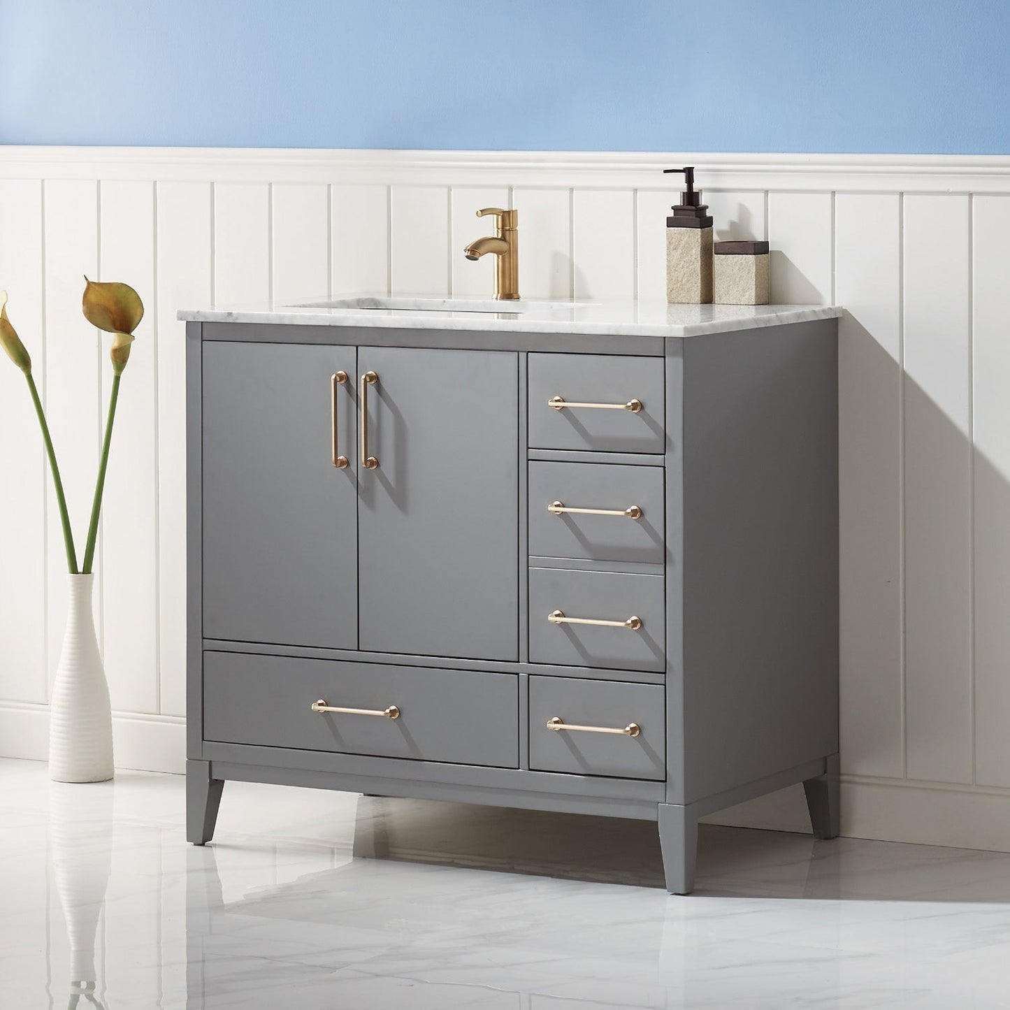 Sutton 36" Single Bathroom Vanity Set in Gray and Carrara White Marble Countertop without Mirror