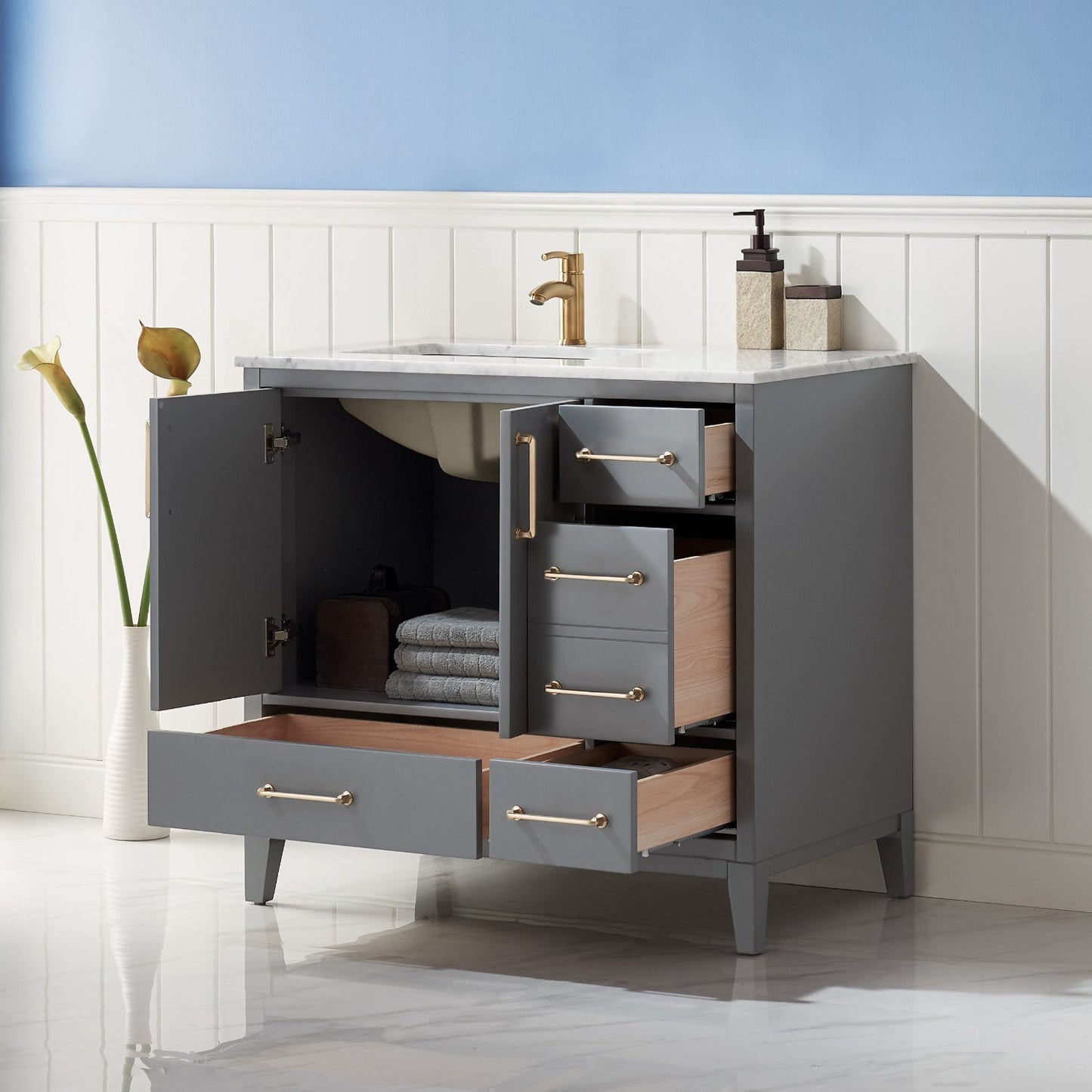 Sutton 36" Single Bathroom Vanity Set in Gray and Carrara White Marble Countertop without Mirror