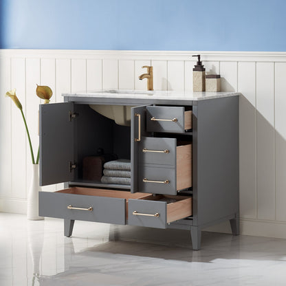 Sutton 36" Single Bathroom Vanity Set in Gray and Carrara White Marble Countertop without Mirror