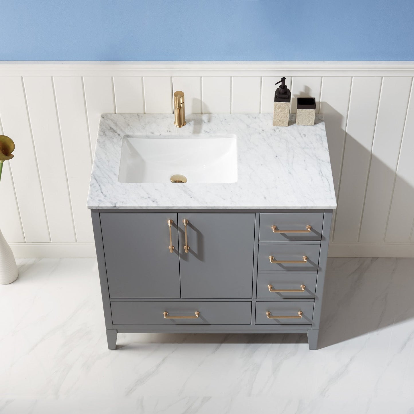 Sutton 36" Single Bathroom Vanity Set in Gray and Carrara White Marble Countertop without Mirror