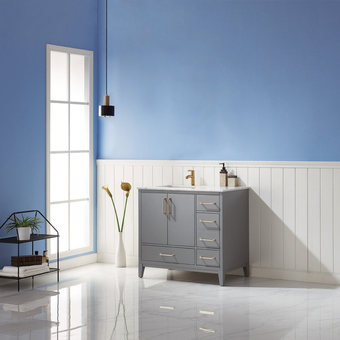 Sutton 36" Single Bathroom Vanity Set in Gray and Carrara White Marble Countertop without Mirror