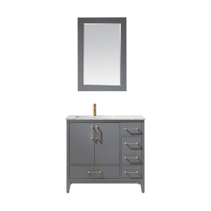 Sutton 36" Single Bathroom Vanity Set in Gray and Carrara White Marble Countertop with Mirror