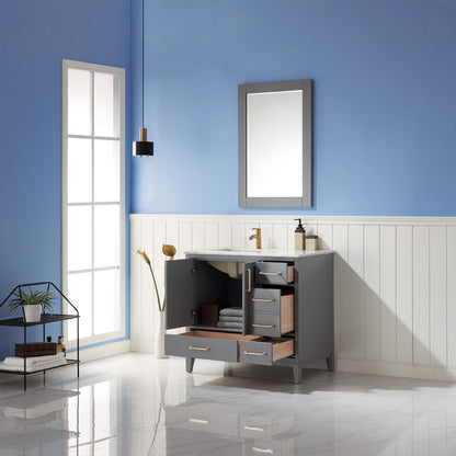 Sutton 36" Single Bathroom Vanity Set in Gray and Carrara White Marble Countertop with Mirror