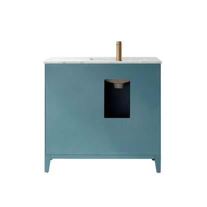 Sutton 36" Single Bathroom Vanity Set in Royal Green and Carrara White Marble Countertop without Mirror