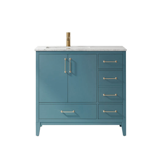 Sutton 36" Single Bathroom Vanity Set in Royal Green and Carrara White Marble Countertop without Mirror