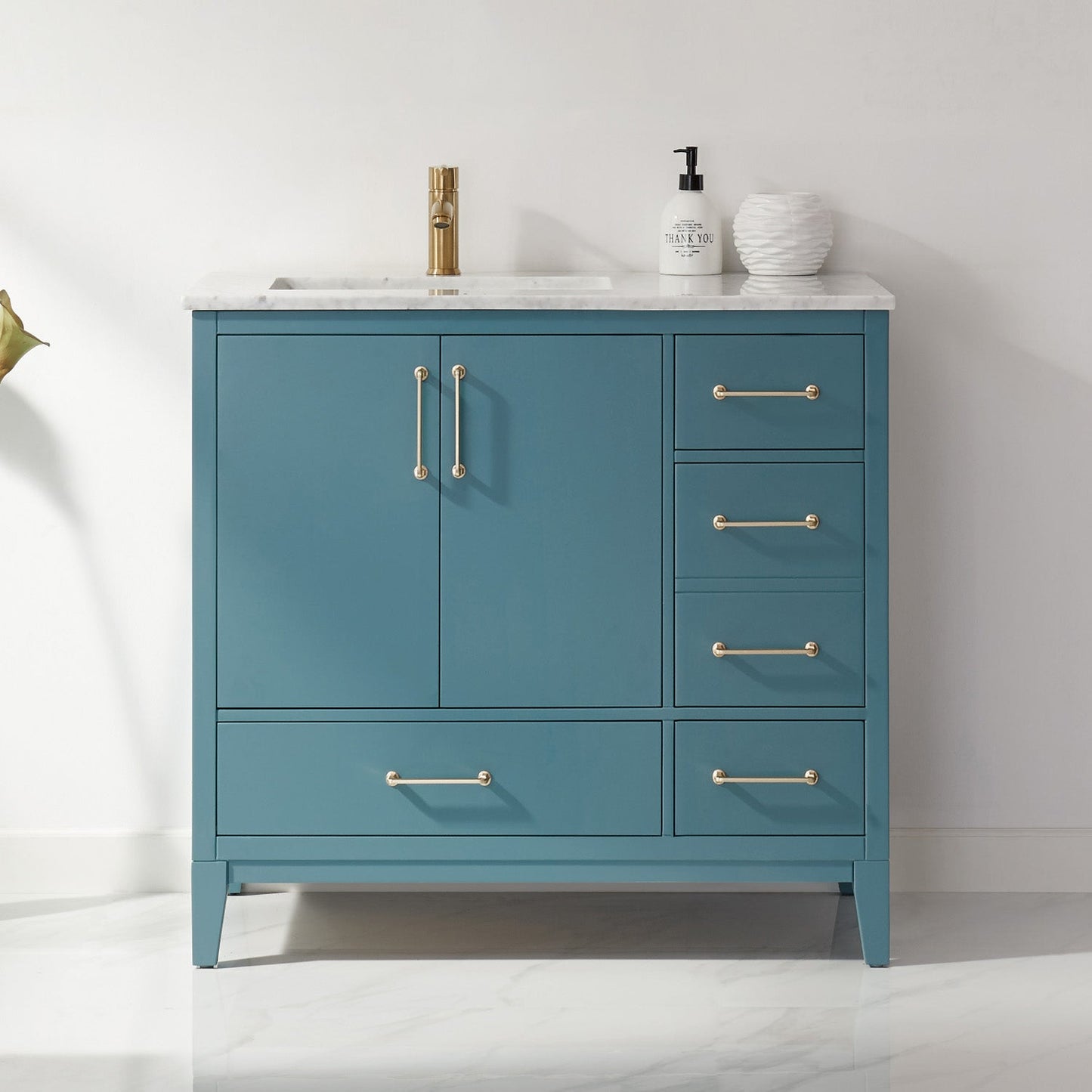 Sutton 36" Single Bathroom Vanity Set in Royal Green and Carrara White Marble Countertop without Mirror