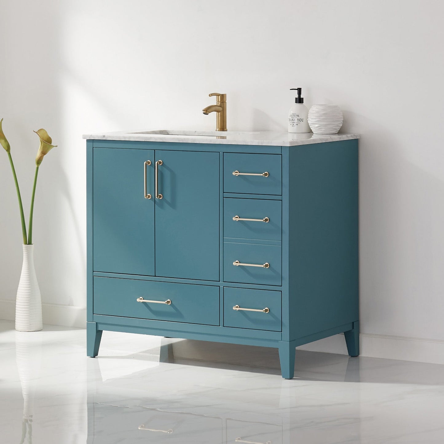 Sutton 36" Single Bathroom Vanity Set in Royal Green and Carrara White Marble Countertop without Mirror