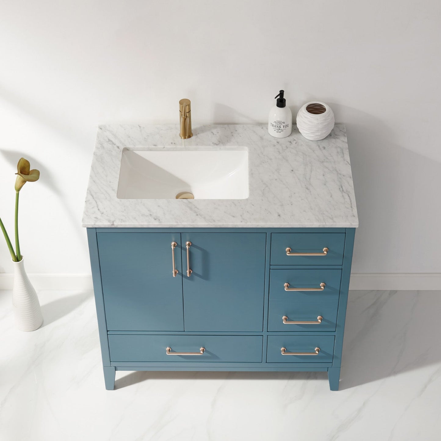 Sutton 36" Single Bathroom Vanity Set in Royal Green and Carrara White Marble Countertop without Mirror