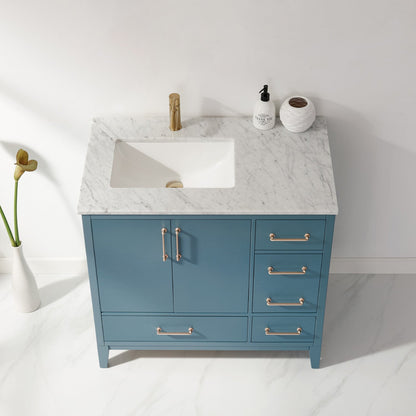 Sutton 36" Single Bathroom Vanity Set in Royal Green and Carrara White Marble Countertop without Mirror