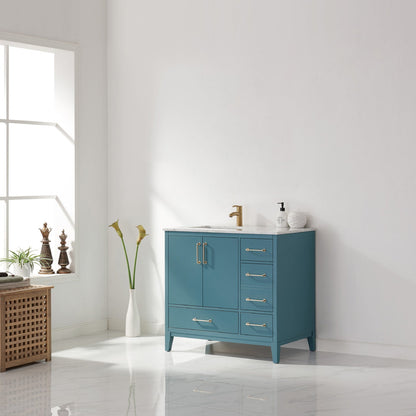 Sutton 36" Single Bathroom Vanity Set in Royal Green and Carrara White Marble Countertop without Mirror