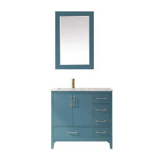 Sutton 36" Single Bathroom Vanity Set in Royal Green and Carrara White Marble Countertop with Mirror