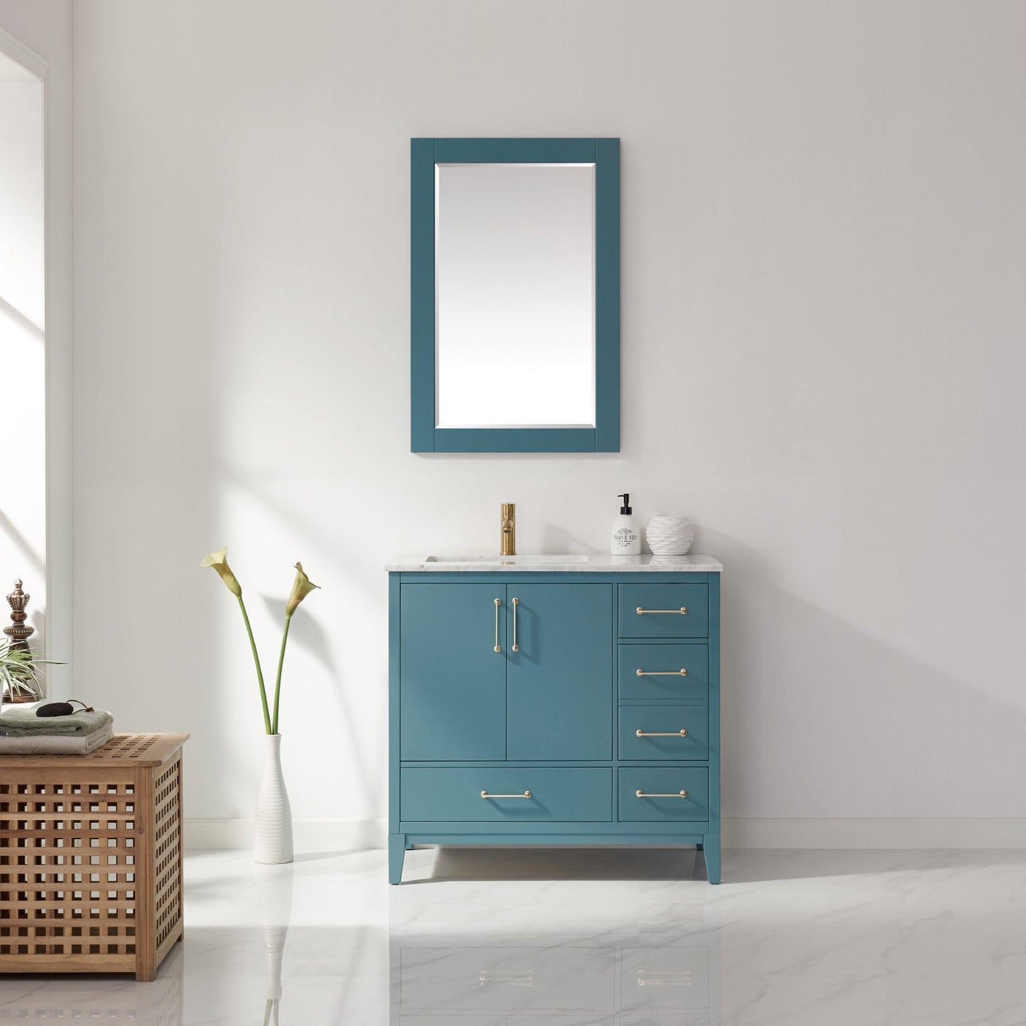 Sutton 36" Single Bathroom Vanity Set in Royal Green and Carrara White Marble Countertop with Mirror