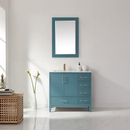 Sutton 36" Single Bathroom Vanity Set in Royal Green and Carrara White Marble Countertop with Mirror