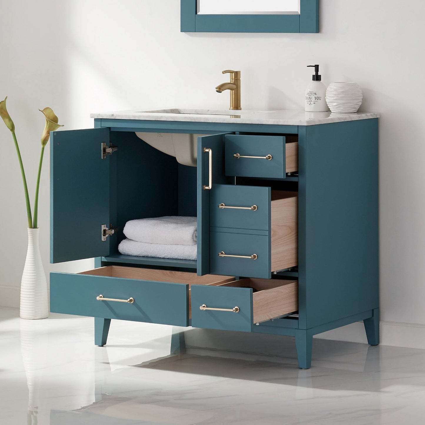 Sutton 36" Single Bathroom Vanity Set in Royal Green and Carrara White Marble Countertop with Mirror