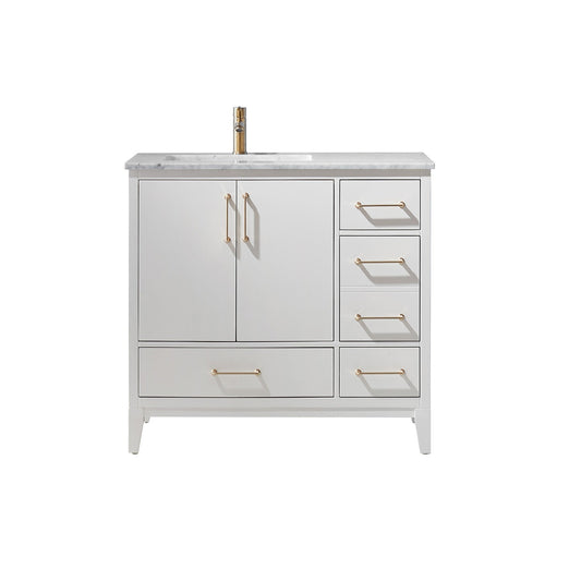 Sutton 36" Single Bathroom Vanity Set in White and Carrara White Marble Countertop without Mirror