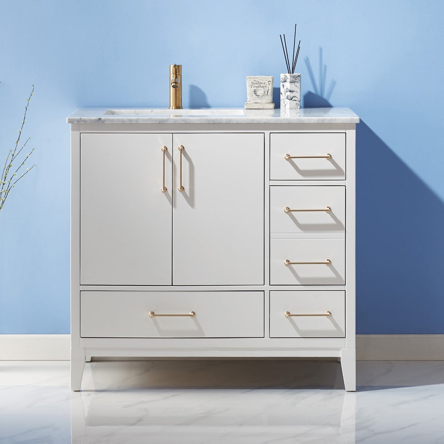 Sutton 36" Single Bathroom Vanity Set in White and Carrara White Marble Countertop without Mirror