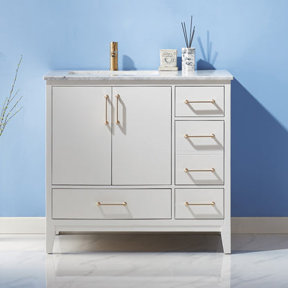 Sutton 36" Single Bathroom Vanity Set in White and Carrara White Marble Countertop without Mirror