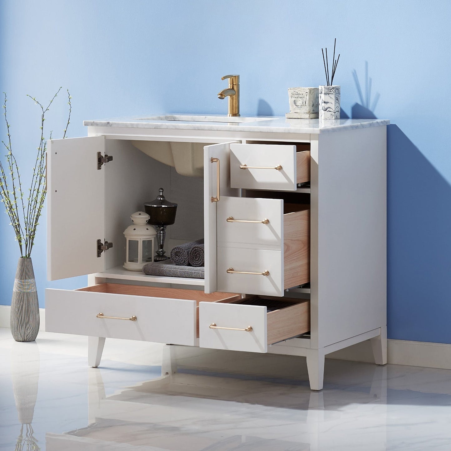 Sutton 36" Single Bathroom Vanity Set in White and Carrara White Marble Countertop without Mirror