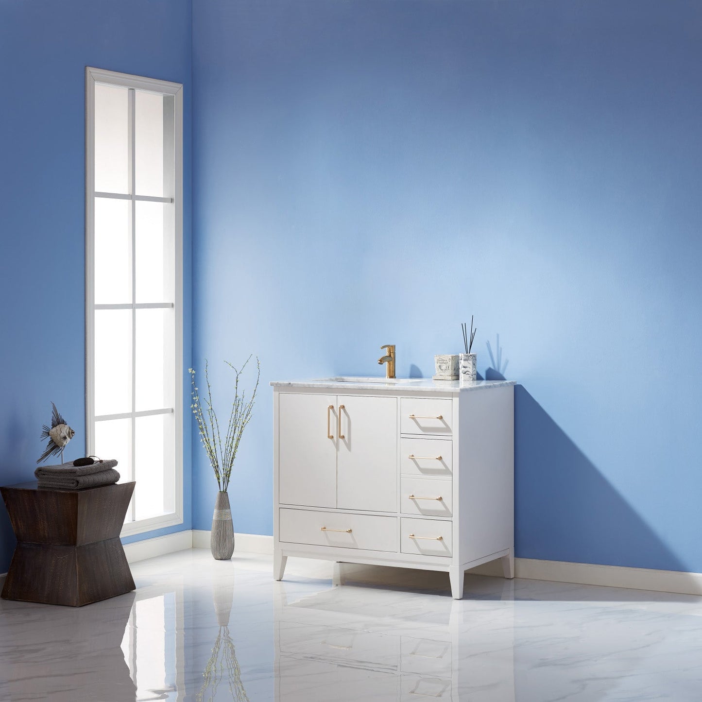 Sutton 36" Single Bathroom Vanity Set in White and Carrara White Marble Countertop without Mirror