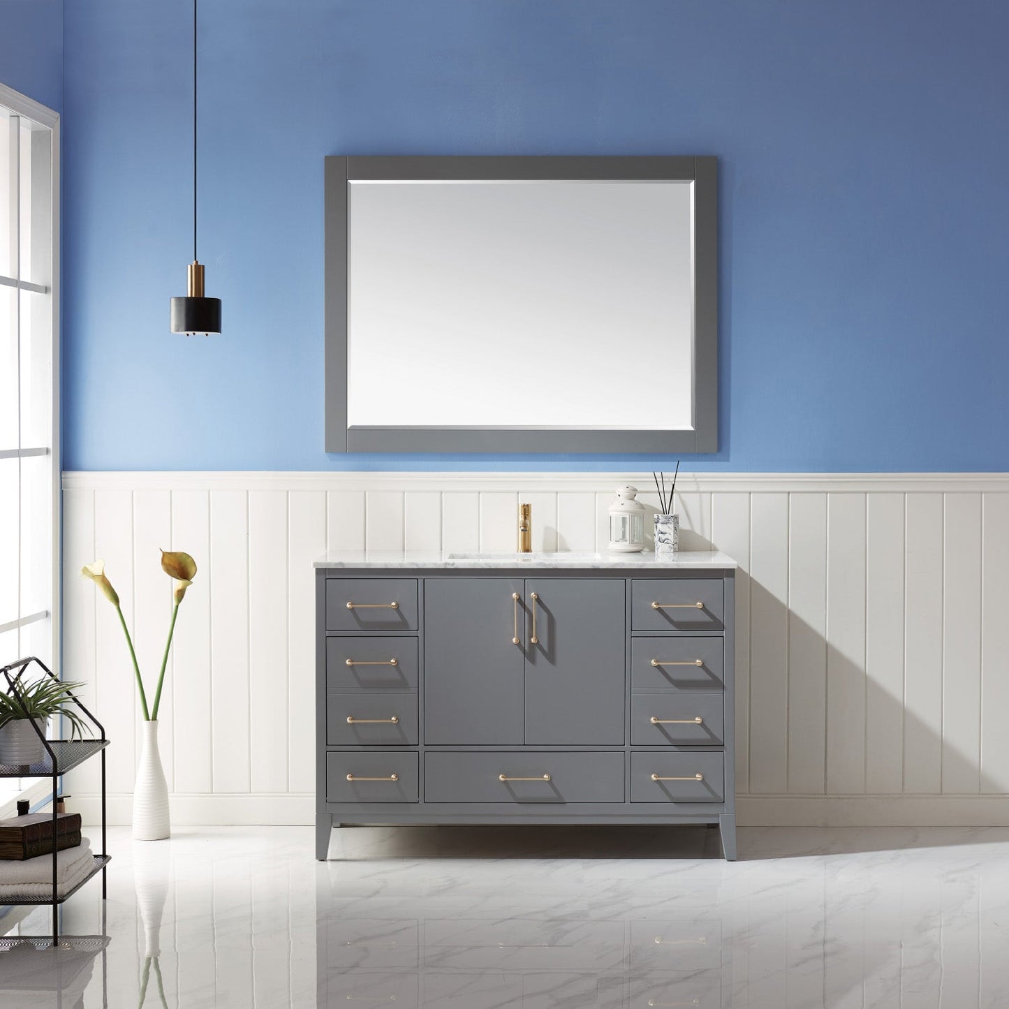 Sutton 48" Single Bathroom Vanity Set in Gray and Carrara White Marble Countertop with Mirror