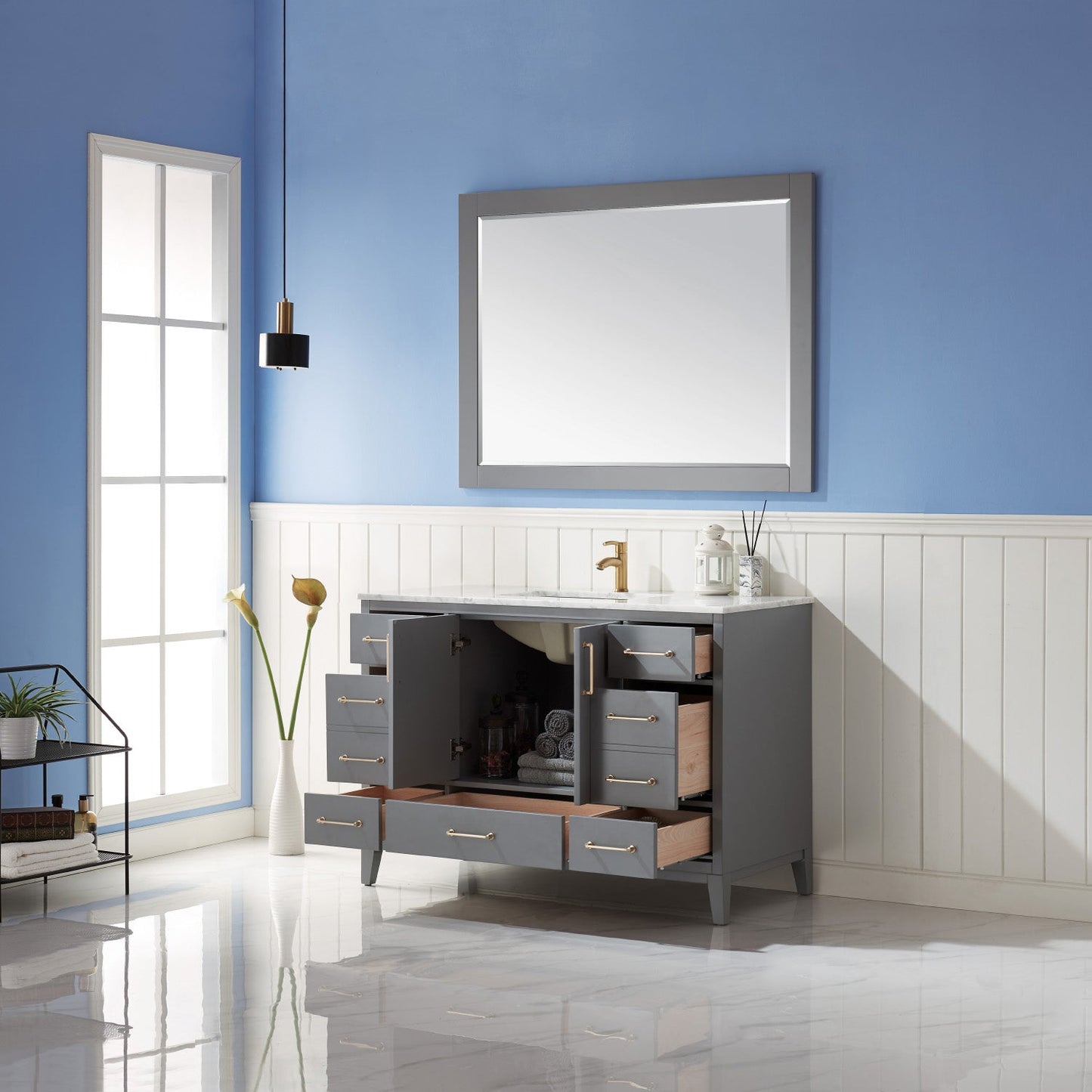 Sutton 48" Single Bathroom Vanity Set in Gray and Carrara White Marble Countertop with Mirror