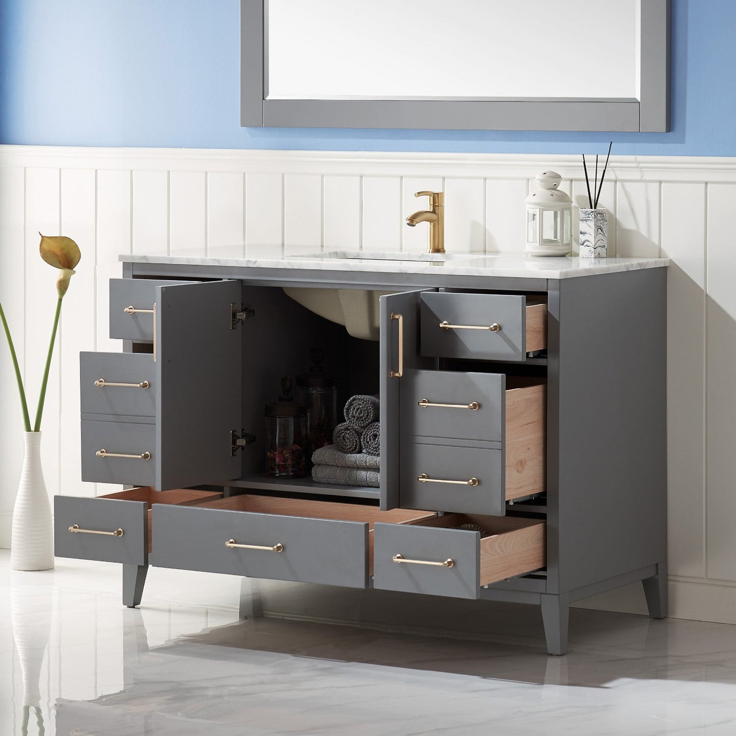 Sutton 48" Single Bathroom Vanity Set in Gray and Carrara White Marble Countertop with Mirror