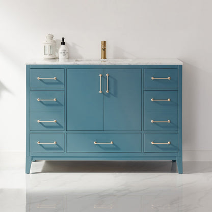 Sutton 48" Single Bathroom Vanity Set in Royal Green and Carrara White Marble Countertop without Mirror