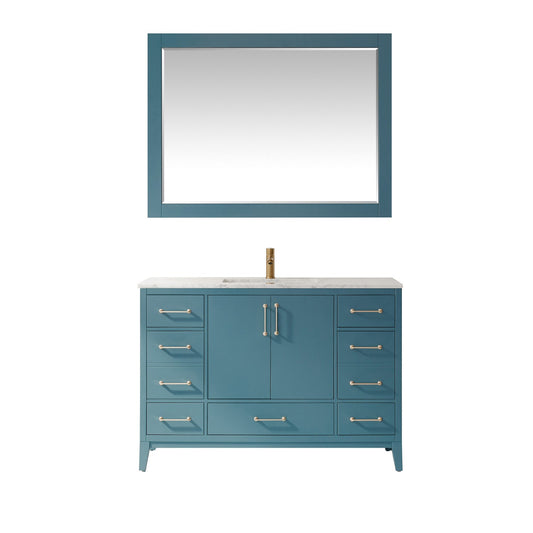 Sutton 48" Single Bathroom Vanity Set in Royal Green and Carrara White Marble Countertop with Mirror