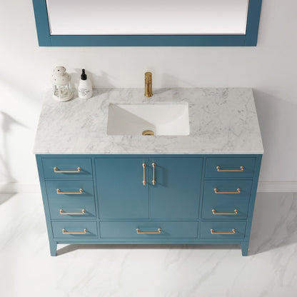 Sutton 48" Single Bathroom Vanity Set in Royal Green and Carrara White Marble Countertop with Mirror