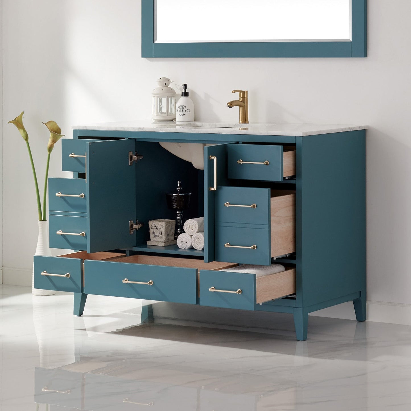 Sutton 48" Single Bathroom Vanity Set in Royal Green and Carrara White Marble Countertop with Mirror