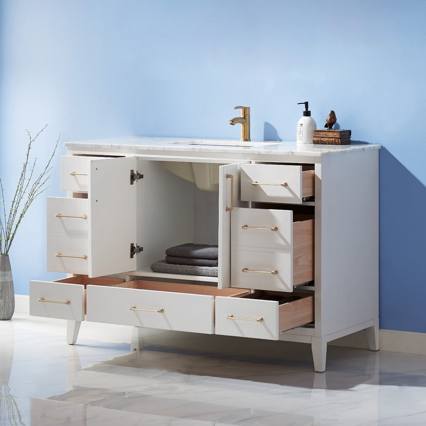 Sutton 48" Single Bathroom Vanity Set in White and Carrara White Marble Countertop without Mirror