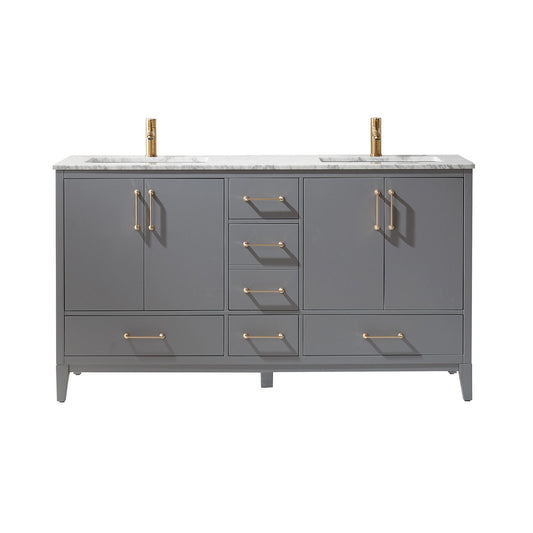 Sutton 60" Double Bathroom Vanity Set in Gray and Carrara White Marble Countertop without Mirror