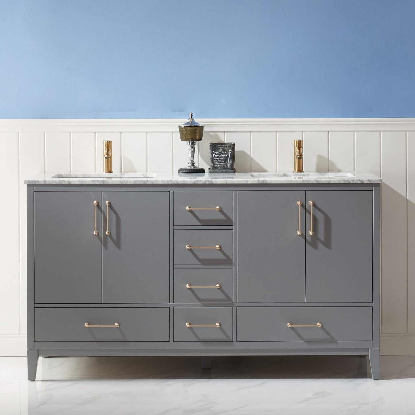 Sutton 60" Double Bathroom Vanity Set in Gray and Carrara White Marble Countertop without Mirror