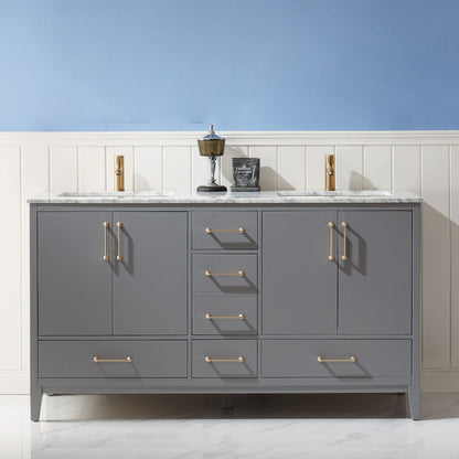 Sutton 60" Double Bathroom Vanity Set in Gray and Carrara White Marble Countertop without Mirror