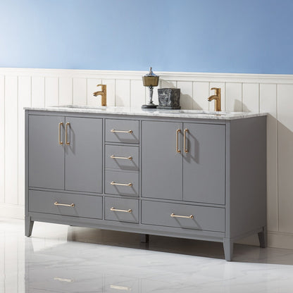 Sutton 60" Double Bathroom Vanity Set in Gray and Carrara White Marble Countertop without Mirror