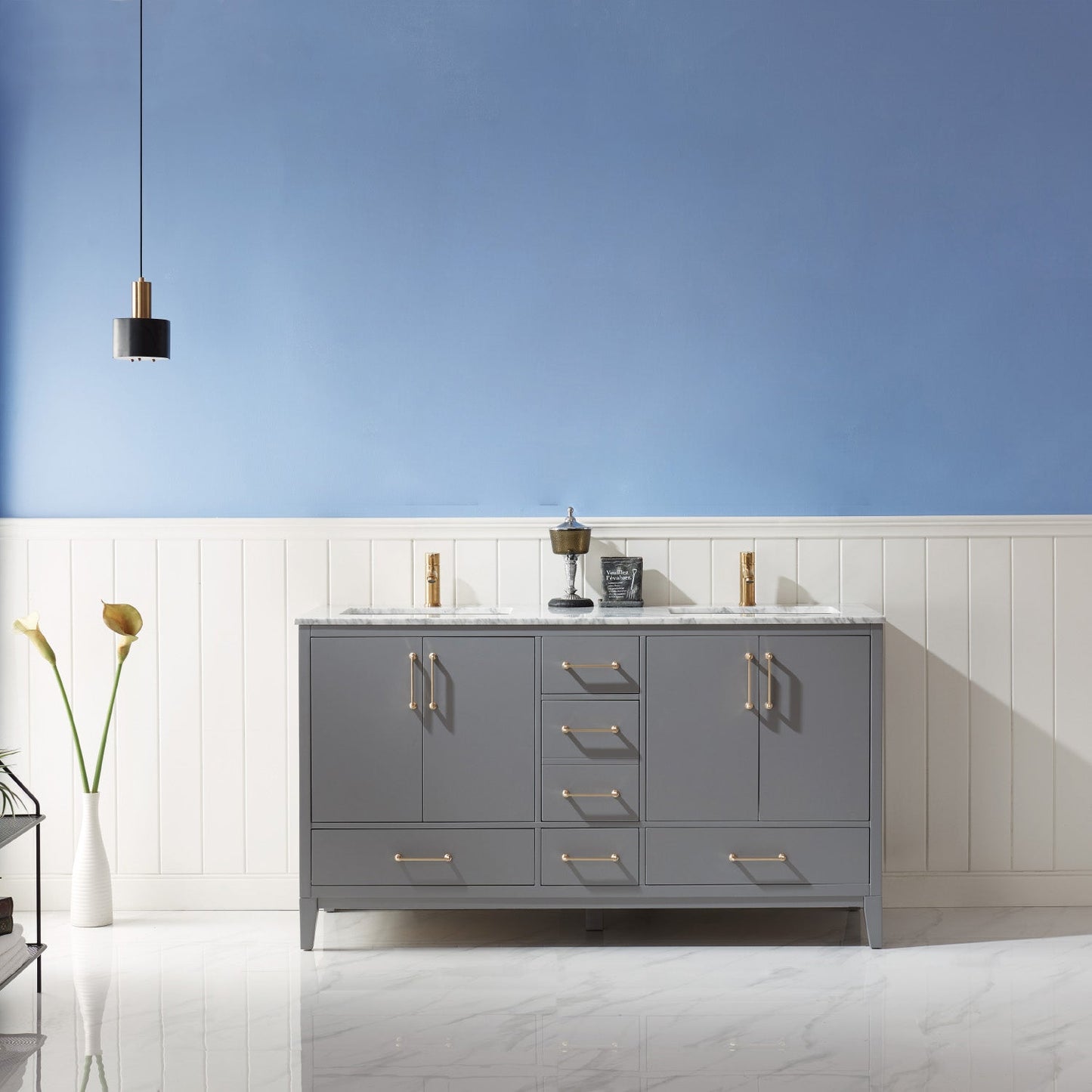 Sutton 60" Double Bathroom Vanity Set in Gray and Carrara White Marble Countertop without Mirror