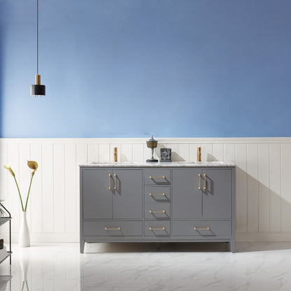 Sutton 60" Double Bathroom Vanity Set in Gray and Carrara White Marble Countertop without Mirror