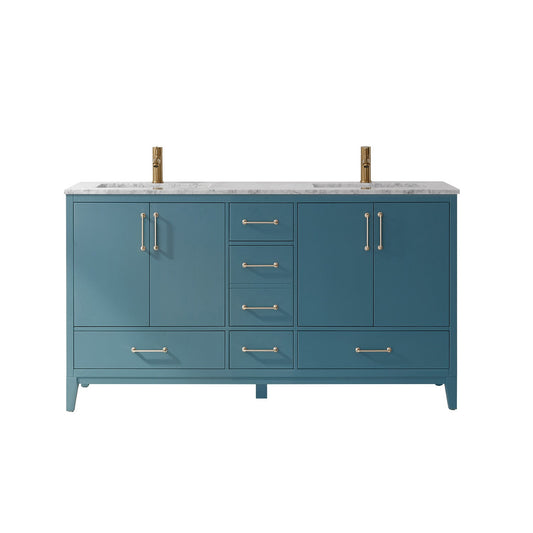 Sutton 60" Double Bathroom Vanity Set in Royal Green and Carrara White Marble Countertop without Mirror