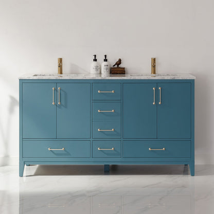 Sutton 60" Double Bathroom Vanity Set in Royal Green and Carrara White Marble Countertop without Mirror
