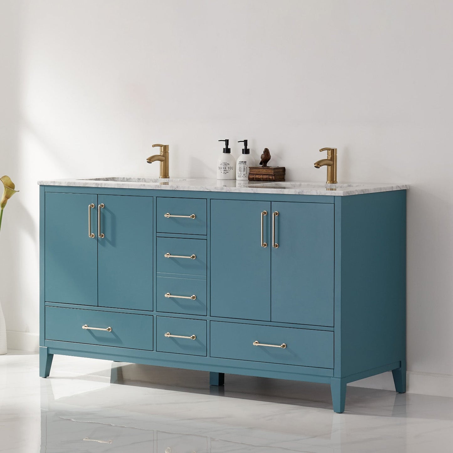 Sutton 60" Double Bathroom Vanity Set in Royal Green and Carrara White Marble Countertop without Mirror