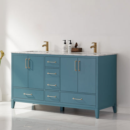 Sutton 60" Double Bathroom Vanity Set in Royal Green and Carrara White Marble Countertop without Mirror