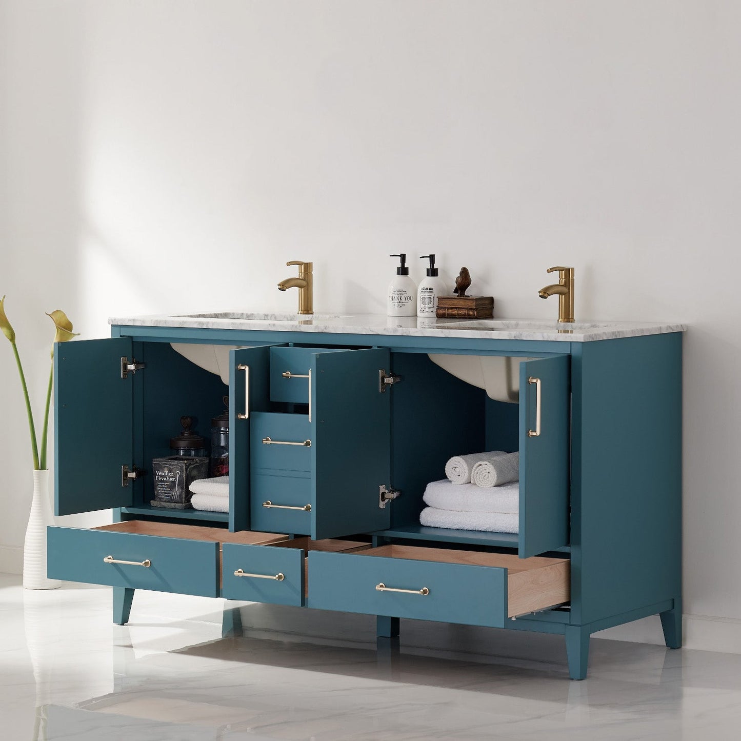 Sutton 60" Double Bathroom Vanity Set in Royal Green and Carrara White Marble Countertop without Mirror