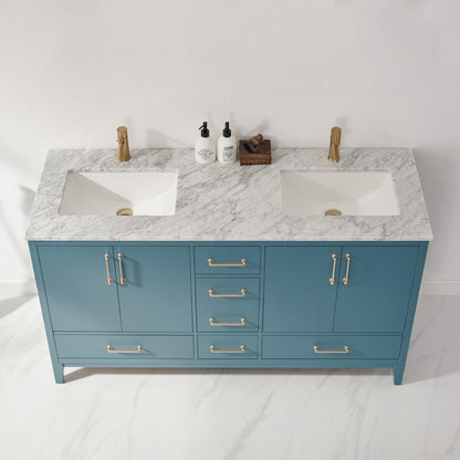 Sutton 60" Double Bathroom Vanity Set in Royal Green and Carrara White Marble Countertop without Mirror