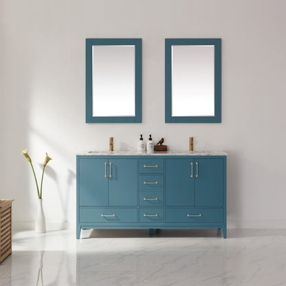 Sutton 60" Double Bathroom Vanity Set in Royal Green and Carrara White Marble Countertop with Mirror