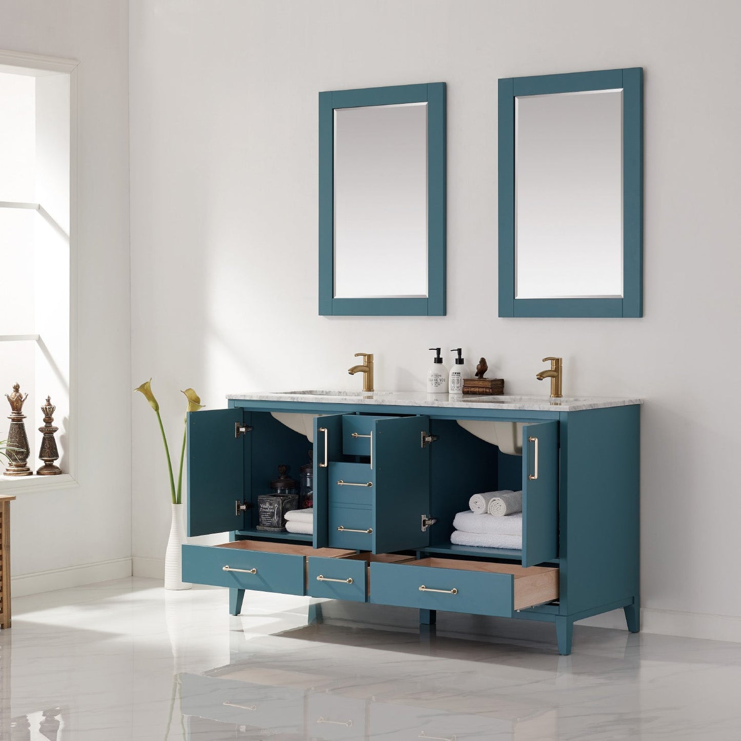 Sutton 60" Double Bathroom Vanity Set in Royal Green and Carrara White Marble Countertop with Mirror