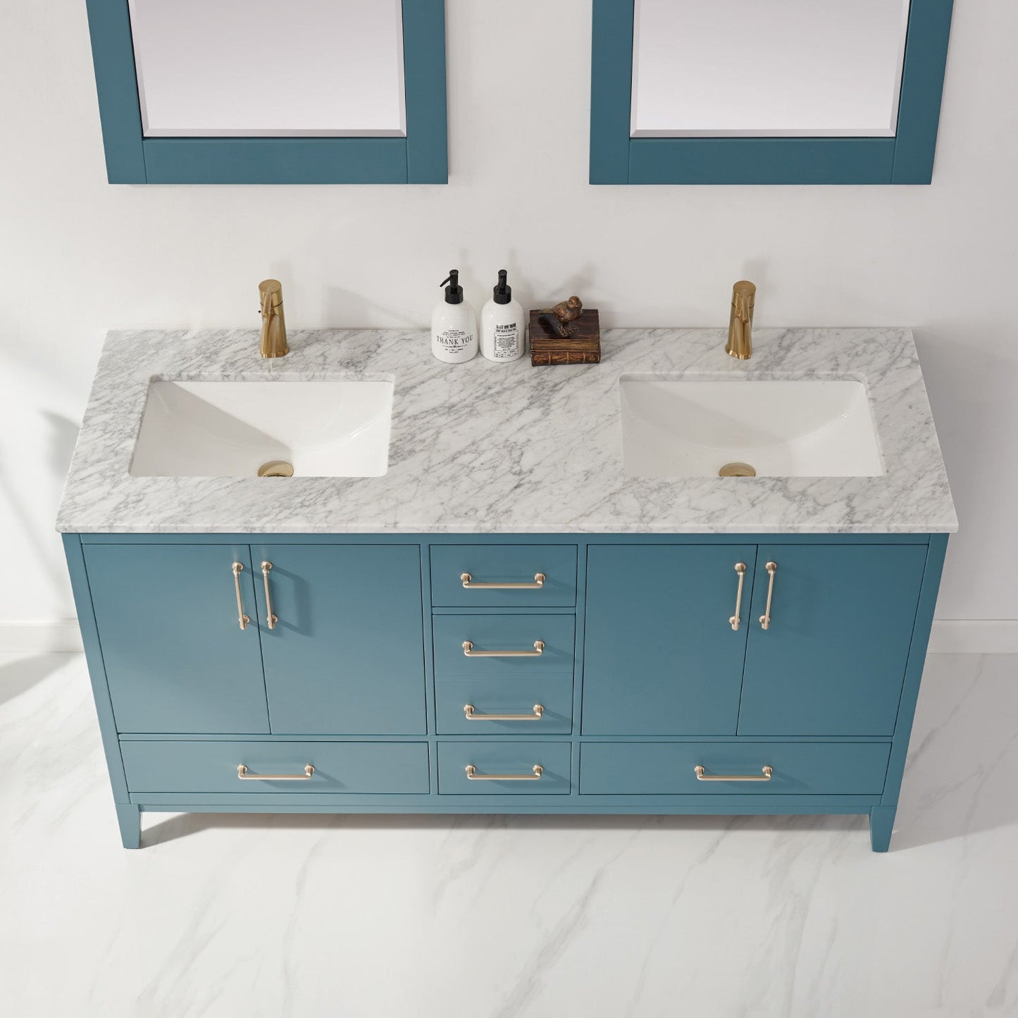 Sutton 60" Double Bathroom Vanity Set in Royal Green and Carrara White Marble Countertop with Mirror