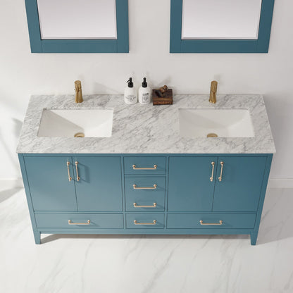 Sutton 60" Double Bathroom Vanity Set in Royal Green and Carrara White Marble Countertop with Mirror