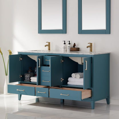 Sutton 60" Double Bathroom Vanity Set in Royal Green and Carrara White Marble Countertop with Mirror