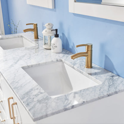 Sutton 60" Double Bathroom Vanity Set in White and Carrara White Marble Countertop without Mirror