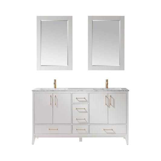 Sutton 60" Double Bathroom Vanity Set in White and Carrara White Marble Countertop with Mirror